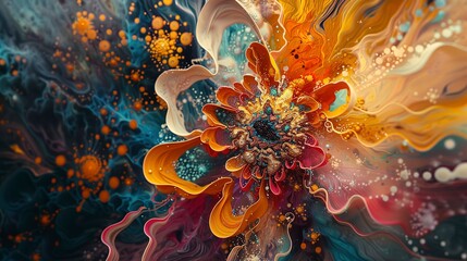 Abstract background with detailed close-up of floral explosions, merging the ephemeral moment of bloom with lasting art.