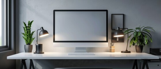 A realistic depiction of a blank mockup featuring a minimalist office space with professional lighting and decor.