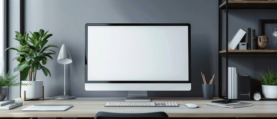 A realistic depiction of a blank mockup showcasing a minimalist office setting with a professional atmosphere, complete with a computer monitor and keyboard.