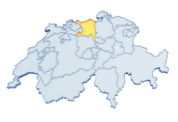 Swiss canton of Aargau highlighted in golden yellow on three-dimensional map of Switzerland isolated on transparent background. 3D rendering