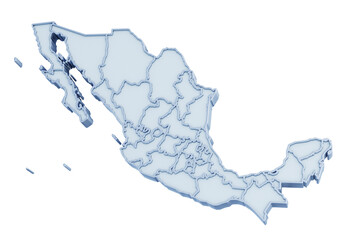 Blank three-dimensional map of Mexico with state borders isolated on transparent background. 3D rendering