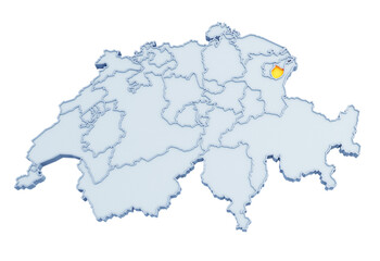 Swiss canton of Appenzell Innerrhoden highlighted in golden yellow on three-dimensional map of Switzerland isolated on transparent background. 3D rendering