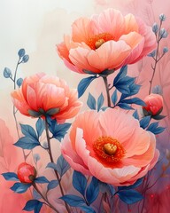 Watercolor background of a peonies flowers