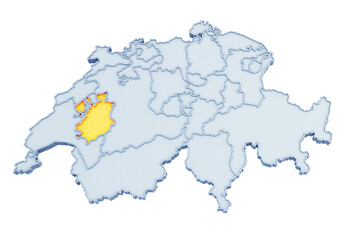 Swiss canton of Fribourg highlighted in golden yellow on three-dimensional map of Switzerland isolated on transparent background. 3D rendering