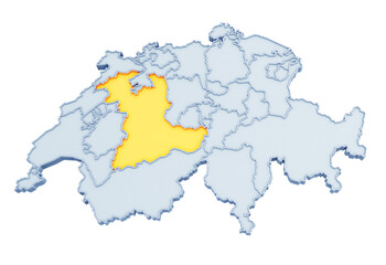 Obraz premium Swiss canton of Bern highlighted in golden yellow on three-dimensional map of Switzerland isolated on transparent background. 3D rendering