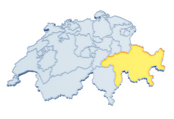 Swiss canton of Grisons / Graubünden highlighted in golden yellow on three-dimensional map of Switzerland isolated on transparent background. 3D rendering