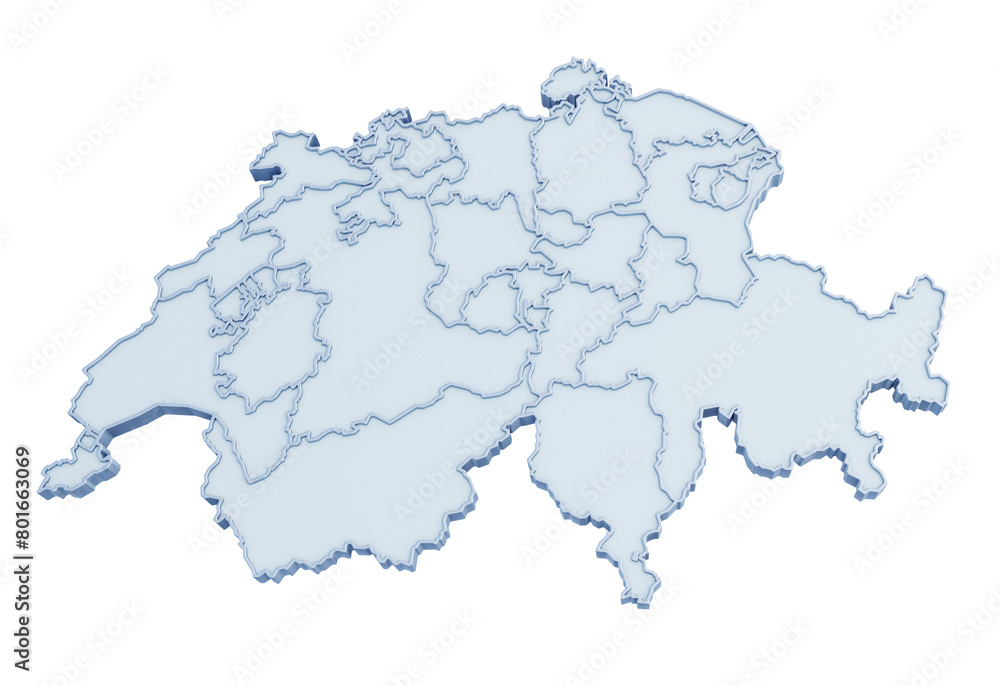 Wall mural Blank three-dimensional map of Switzerland with canton borders isolated on transparent background. 3D rendering