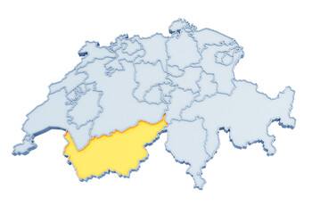 Swiss canton of Valais highlighted in golden yellow on three-dimensional map of Switzerland isolated on transparent background. 3D rendering