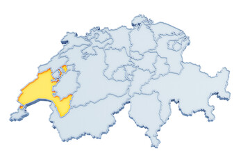 Fototapeta premium Swiss canton of Vaud highlighted in golden yellow on three-dimensional map of Switzerland isolated on transparent background. 3D rendering
