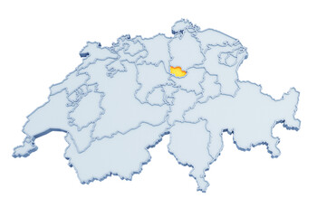 Swiss canton of Zug highlighted in golden yellow on three-dimensional map of Switzerland isolated on transparent background. 3D rendering