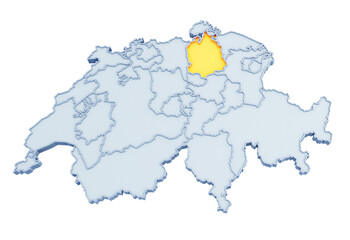 Swiss canton of Zürich highlighted in golden yellow on three-dimensional map of Switzerland isolated on transparent background. 3D rendering