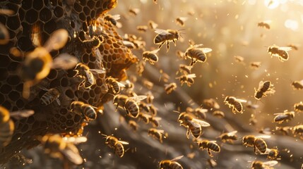 A vibrant display of bees buzzing around a hive entrance, illustrating the activity and organization within a bee colony on World Bee Day.