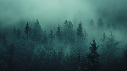Dark green fir trees enveloped by fog, offering a moody and mystical forest landscape. - obrazy, fototapety, plakaty
