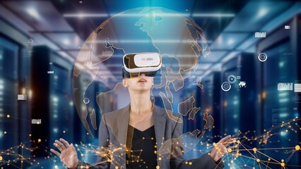 Woman looking around analyzed world circle finance data graph by VR global market interface digital infographic network technology virtual 3d animation cyberspace meta innovation server. Contraption.