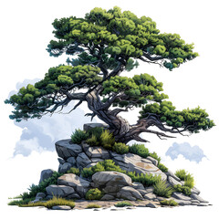 majestic pine tree perched atop a rocky cliff, with its branches elegantly sweeping across the sky - obrazy, fototapety, plakaty