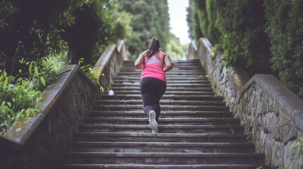 Fat chubby woman climbing stairs