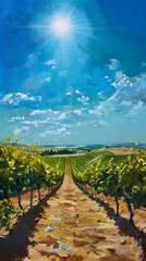 vineyard scene sun shining view effect alcohol blue delirium skies brush strokes abstract swiping brushwork paved roads stands easel big sky paint smears