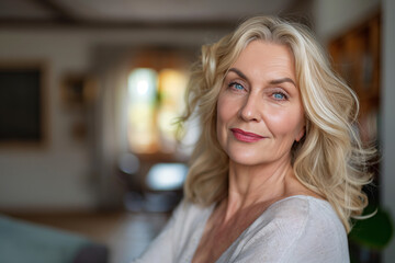 Portrait of an elegant mature woman with a confident smile, showcasing her natural beauty and serene demeanor inside a cozy home environment with soft, warm lighting