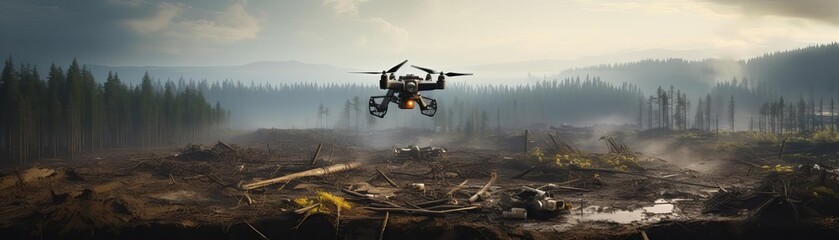 A drone flies over a deforested area. The trees have been cut down and the land is now barren. The drone is equipped with a camera and is taking pictures of the damage.