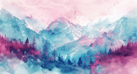 watercolor mountains art with pink and turquoise forest