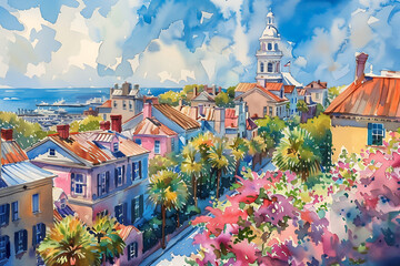 view city clock tower steeple cartoon vibrant savannah blossoming rhythm small port village