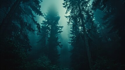 Fototapeta premium A captivating forest scene enveloped in mist and twilight, evoking mystery and the beauty of nature.