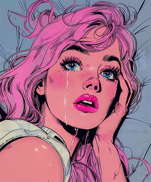 closeup woman pink hair lipstick nostalgic influential crying flat abstract bed manga styling heavy makeup tracer skintight hand streaming washed out