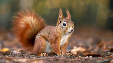 Fototapeta premium A lively squirrel captured on camera, its fur glowing against the autumn leaves on the forest floor.