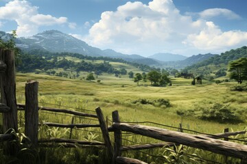 Fototapeta premium A lush green field with a wooden fence in the foreground. There are trees and mountains in the background. The sky is blue and there are white clouds.