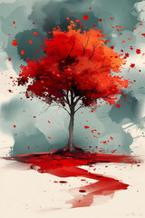 tree red leaves field stunning tower god blurred dreamy illustration blood air color background dissolving only