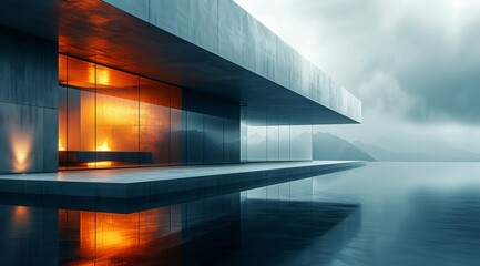 Fototapeta premium Futuristic and dynamic abstract architecture scene, incorporating geometric shapes and angular lines, using a macro lens at dusk to capture the vibrant city lights, and add a touch of mystery