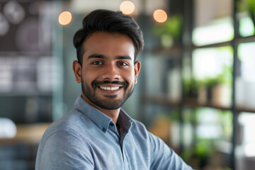 Portrait of a young, happy businessman with a charming smile, looking at the camera, exemplifying confidence and positivity in a modern office environment with a blurred background