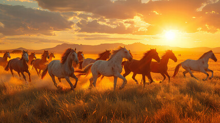A Majestic Herd of Wild Horses Galloping Through a Vast Open Field at Sunset