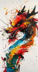dragon paint splatters energetic brush strokes fox street samurai red yellow color swirling splash