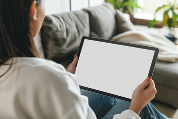 Over-the-shoulder view of a woman casually seated on a sofa, holding a tablet with a blank, mock-up screen, surrounded by a cozy home environment with natural light