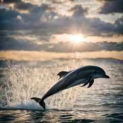 A scene of a dolphin jumping in the summer sea.