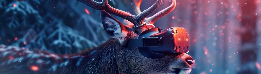 A deer wearing a virtual reality headset stands in a snowy forest. The deer is looking at the viewer. The image is dark and moody. There is a red light coming from the deer's eyes.