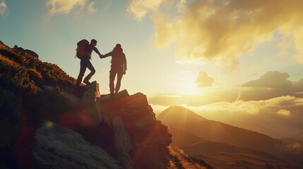 Hiker helping friend reach the mountain top