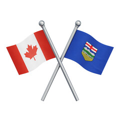 Crossed flags of Canada and the Canadian province of Alberta isolated on transparent background. 3D rendering