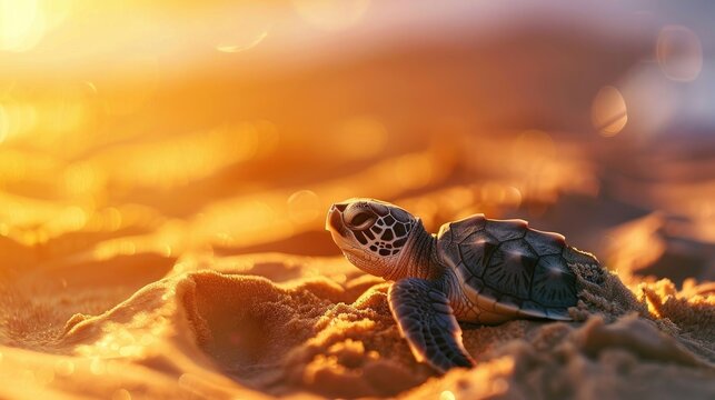 A vibrant image of a turtle hatchling emerging from the sand and making its way to the ocean, representing the fragility and resilience of turtle life cycles on World Turtle Day.