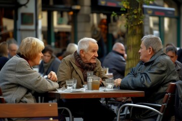Unidentified senior couple sitting at a table in a street cafe in London.