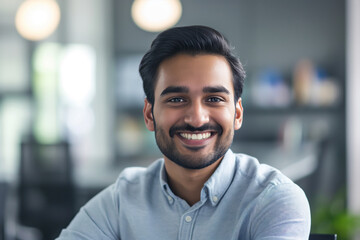 Portrait of a young, bearded man with a warm smile, posing for the camera in a modern office environment, displaying confidence and approachability