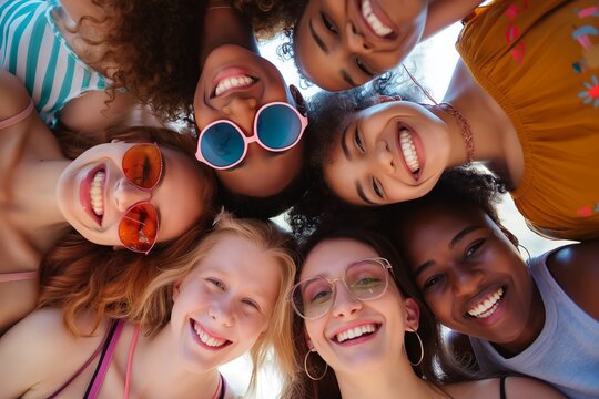 group of young people looking down at camera smiling together during summer time