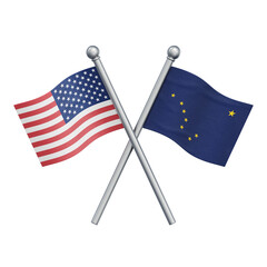 Crossed flags of the USA and the American state of Alaska isolated on transparent background. 3D rendering