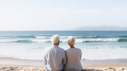Fototapeta premium Happy senior couple looking enjoying beach sunset landscape together, summer vacation at sea coast