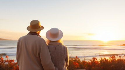 Fototapeta premium Happy senior couple looking enjoying beach sunset landscape together, summer vacation at sea coast