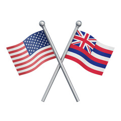 Crossed flags of the USA and the American state of Hawaii isolated on transparent background. 3D rendering