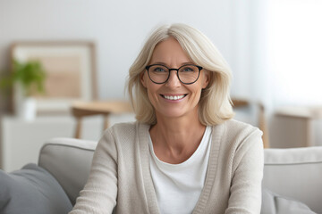 Portrait of a radiant senior woman with blonde hair and glasses, smiling warmly while sitting comfortably on a couch in a bright, cozy living room setting