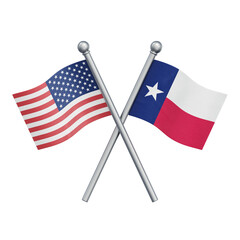 Crossed flags of the USA and the American state of Texas isolated on transparent background. 3D rendering