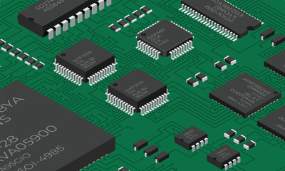 Isometric electronic board. Isometric printed circuit board with electronic components. Electronic components and integrated circuit board